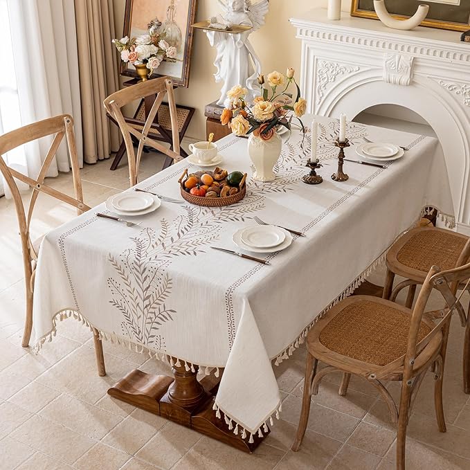 Joyfol Day Rustic Waterproof Linen Tablecloth, Heavy Weight Fern Embroidery Table Cloths for Rectangle Tables, Farmhouse Spill-Proof Table Covers with Tassels, Coffee 55''x 86''