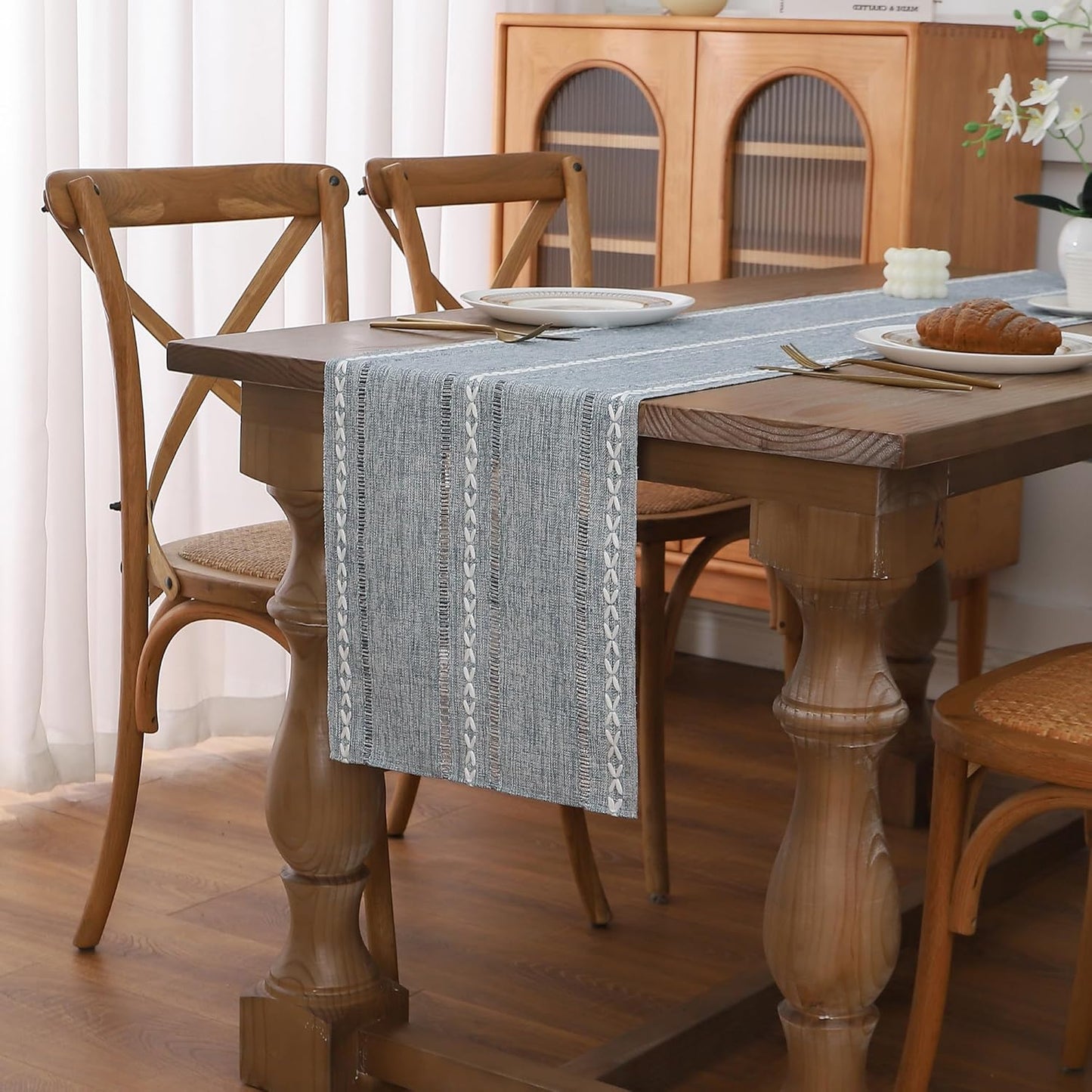 Gernaice Boho Table Runner, Rustic Cotton Linen Farmhouse Table Runners for Dresser Dining Living Room Bedroom Home Decor, 60" L X 13" W Blue