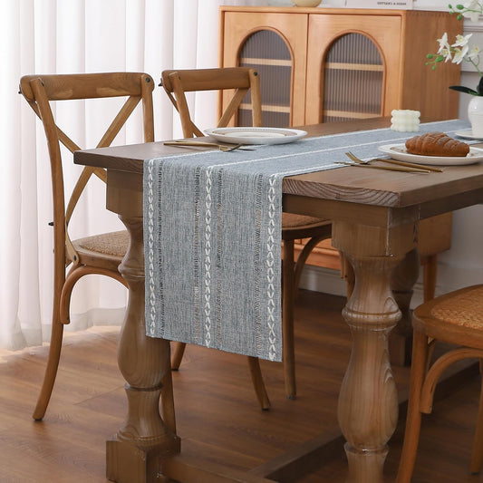 Gernaice Boho Table Runner, Rustic Cotton Linen Farmhouse Table Runners for Holiday Wedding Dining Living Room Bedroom Home Decor, 72" L X 13" W Blue
