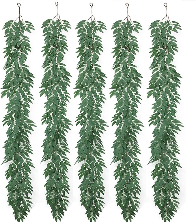 mizii 5 Packs 390" Artificial Vines Willows Garland Fake Vine Italian Ruscus Silk Green Leaves Faux Plants Greenery Decoration for Bedroom Room Wall Party Table Centerpieces Wedding Arch Decor