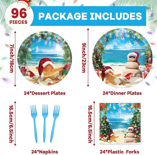 CHUNNIN 96 Pcs Summer July Christmas Plates and Napkins Xmas in July Party Decorations Disposable Dessert Plates Hawaiian Beach Tableware Set for 24 Guests Tropical Birthday Party Supplies
