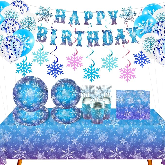 148pcs Snowflake Frozen Birthday Party Supplies,Blue and Purple Snowflake Winter Wonderland Paper Plates and Napkins Kit for Christmas Winter Holiday New Year Party Supplies Decorations,Serves 24