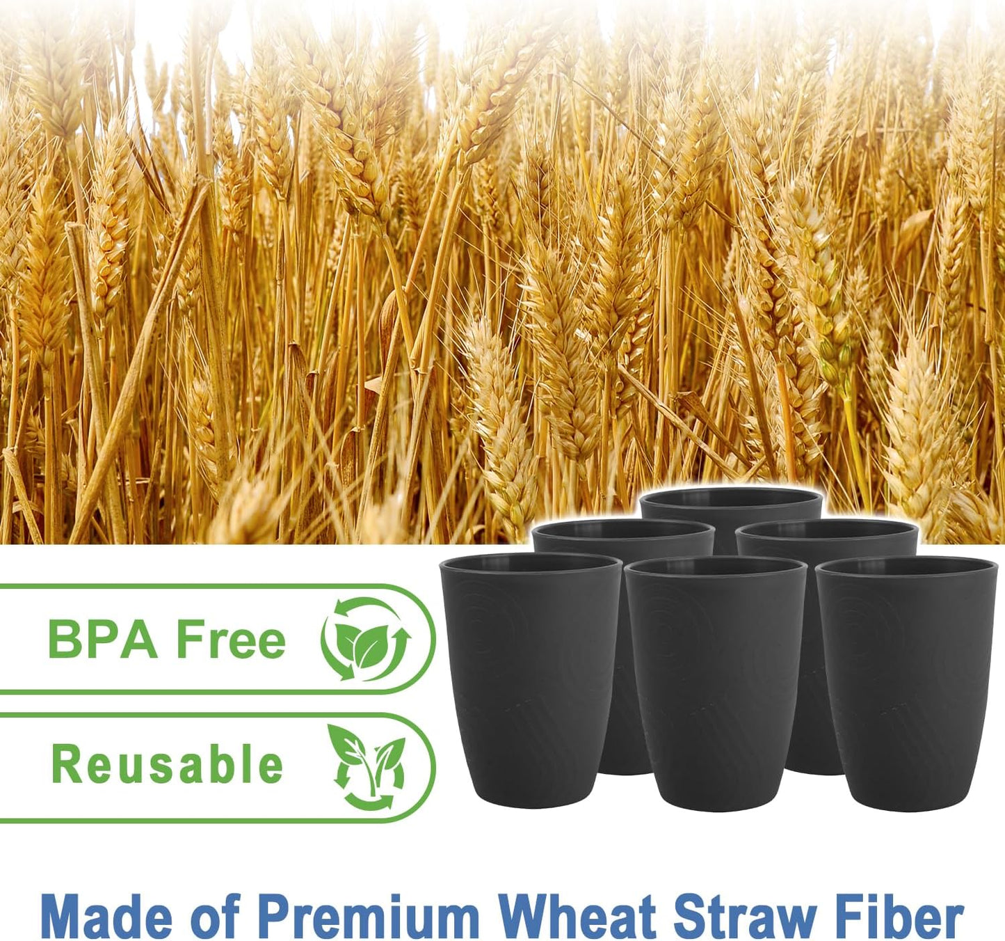 6 Pack Wheat Straw Cups 12 oz, Plastic Cups Reusable Drinking Cup, Small Kids Cup, Unbreakable Water Cup Set Dishwasher Safe for Kitchen, Camping, School (Black)