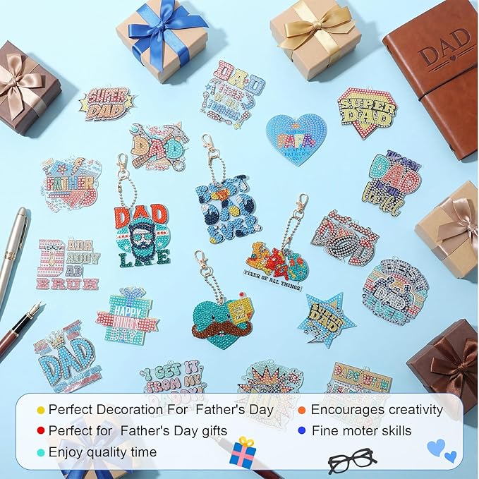 Huquary 24 Sets Father's Day Diamond Art Keychains Kits 5D Dad Diamond Art Keyrings Charm Pendants for Adults Dad DIY Craft Gifts for Father's Day Daddy Birthday Party Favors Bags Decor
