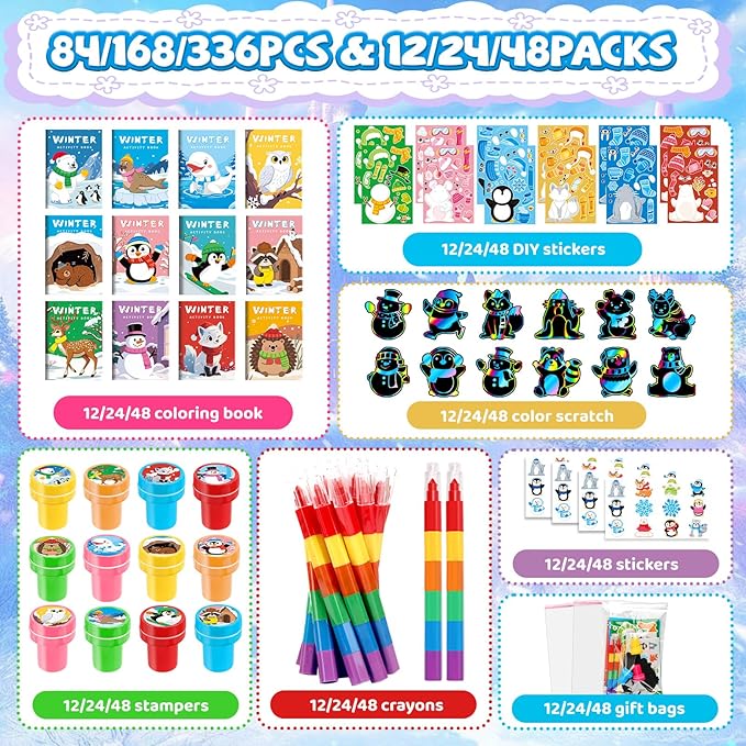 BenLouis Winter Party Favors Set Holiday Themed Coloring Book Classroom Gift Prizes Bulk for Students Kids Christmas Frozen Birthday Goodie Bag Stuffers Pinata Filler (24Set Animals)