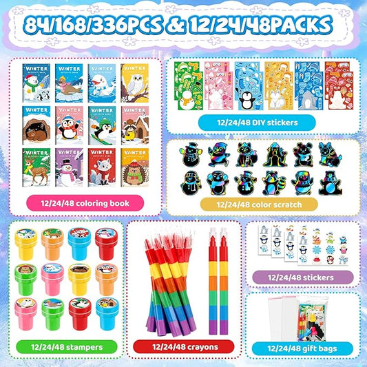 BenLouis Winter Party Favors Set Holiday Themed Coloring Book Classroom Gift Prizes Bulk for Students Kids Christmas Frozen Birthday Goodie Bag Stuffers Pinata Filler (12Set Animals)