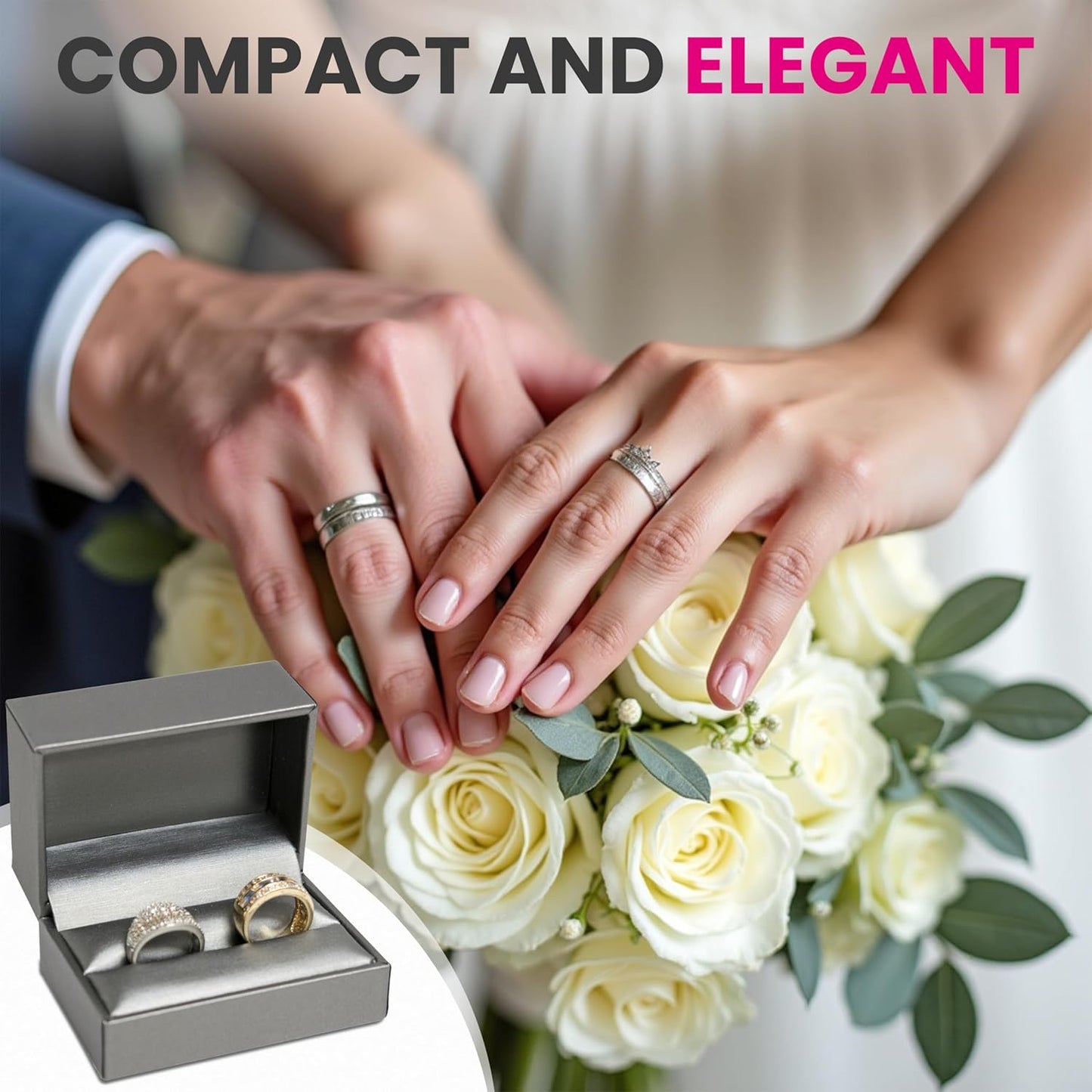 Novel Box Silver Jewelry Box for Double Rings 3.12x2.12x1.87 Inches - Double Rings Gift Box for Proposal Wedding Engagement - Faux Leatherette Jewelry Display Box - Gift Presentation Boxes for Rings