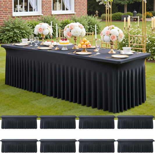 8 Pack Spandex Black Table Clothes for 8 Foot Rectangle Tables, Wrinkle Free Stretch Table Cloths 8FT, Fitted Table Cover Desk Skirt for Parties Weddings Birthday Banquet Events