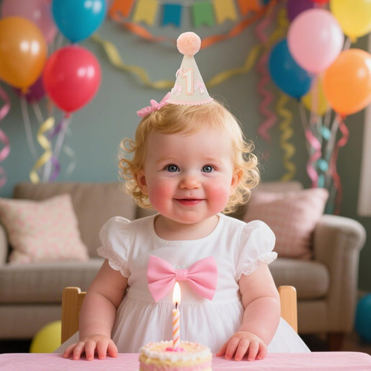 First Birthday Party Hat for Girls, Felt Cone with Pink Pom Pom, White Number 1, Pink Bows