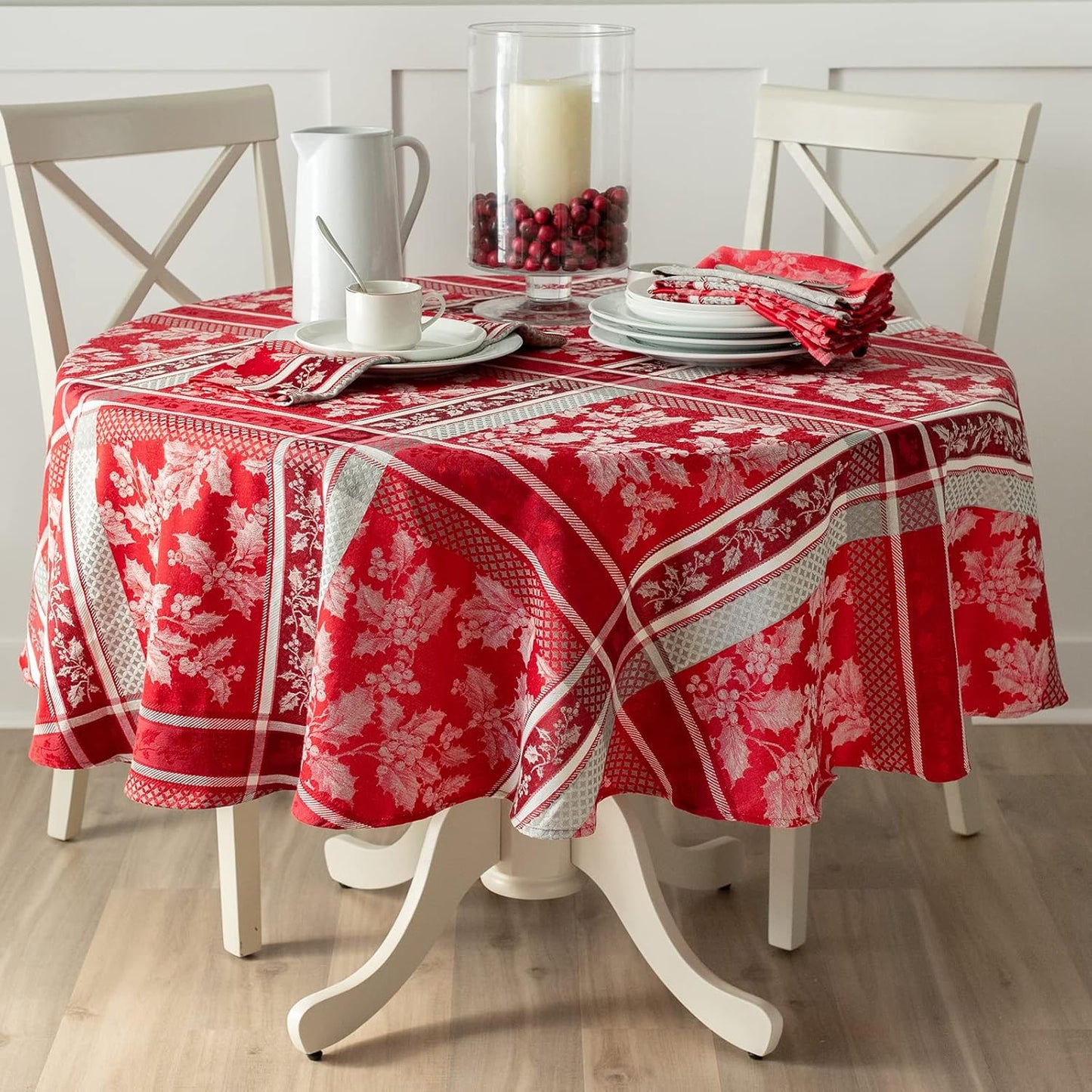 Benson Mills Holiday Hollies Yarn Dyed Jacquard Fabric Table Cloth, Holiday, Winter, and Christmas Tablecloth (70" Round, Holiday Hollies)