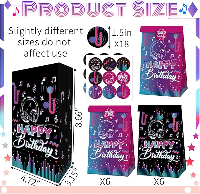 Happy Birthday Party Favors Gift Bags Candy Goodie Bag Black-Purple Decorations Treat Bag 2 Styles Popular Singer Music Paper Rack N Roll Wedding Bridal Baby Shower Decor(12 Pcs)
