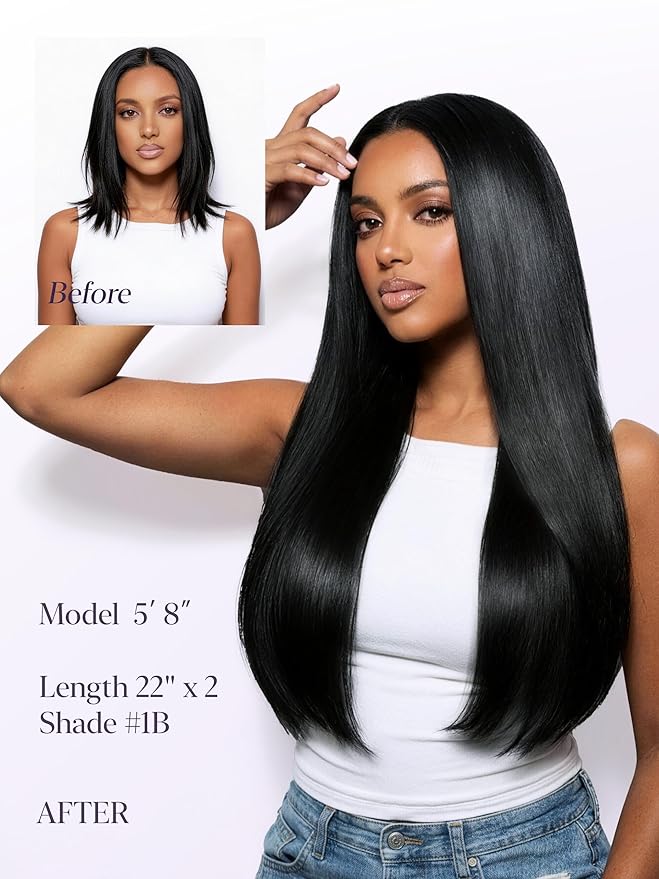 LUVME Clip in Hair Extensions Silky Straight, Seamless 2 Pack 7PCS 100g, 20 Inch Real Human Hair, Natural Black, Thick Volume for Women Daily Wear & Party
