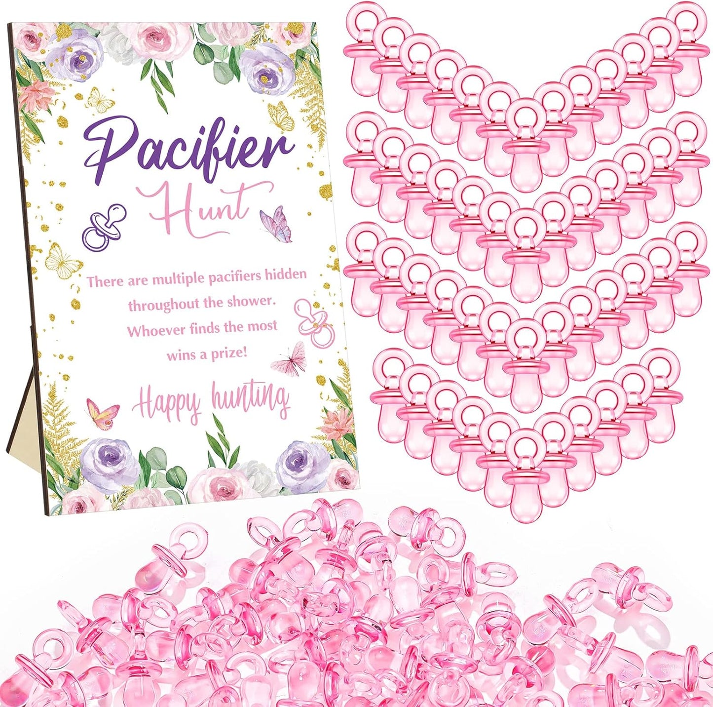 Thyle 51 Pcs Pacifier Hunt Baby Shower Games Include Hunt Sign and 50 Acrylic Pacifiers for Baby Shower Game Decoration Gift Sets Gender Reveal Party Decor(Butterfly)