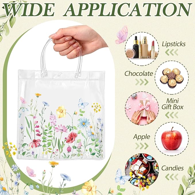 Kacctyen 24 Pcs Gift Bags for Party Favor Clear Goodie Bags with Handle 7.87 x 7.87 x 3.15 Return Gift Wrap Totes for Guests Treat Candy Wrapping(Colorful Wildflowers)