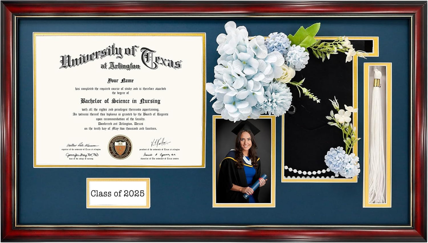 GraduationMall Class of 2025 Graduation Frame for 8.5x11 Diploma & 4x6 Photo with Graduation Cap & Tassel Holder, Cherry Wood Display Case with Navy Gold Mat