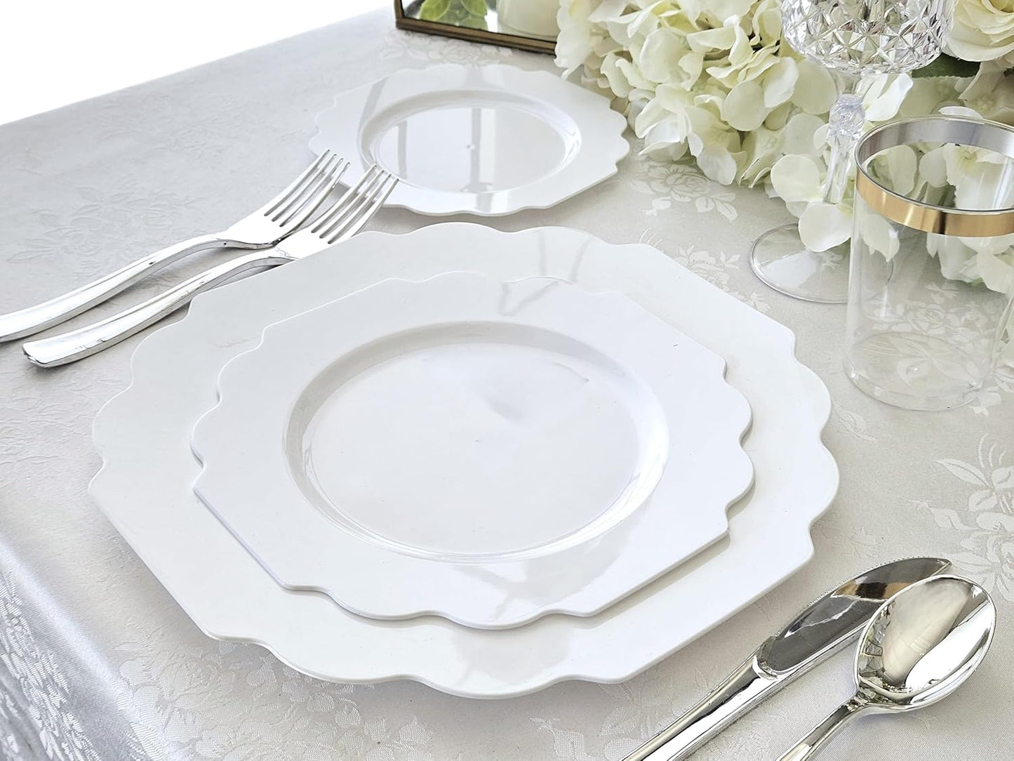 " OCCASIONS " 50 Plates Pack (25 Guests)-Heavyweight Wedding Party Disposable Plastic Plate Set -(25x10.5'' Dinner + 25x8'' Salad/Dessert) (Imperial in White)