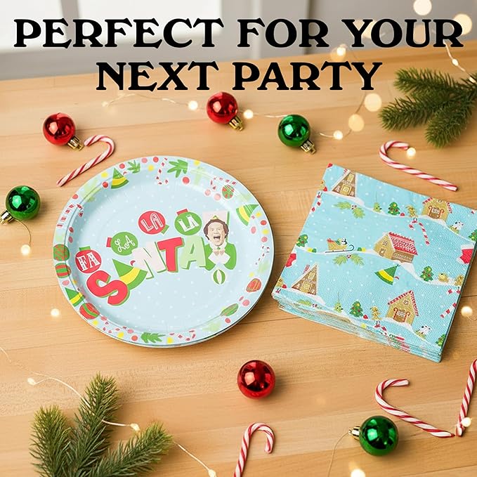 Silver Buffalo Elf Buddy the Elf Fa La La Santa Snow Christmas 32 Pack Partyware Disposable Paper Plates and Napkins