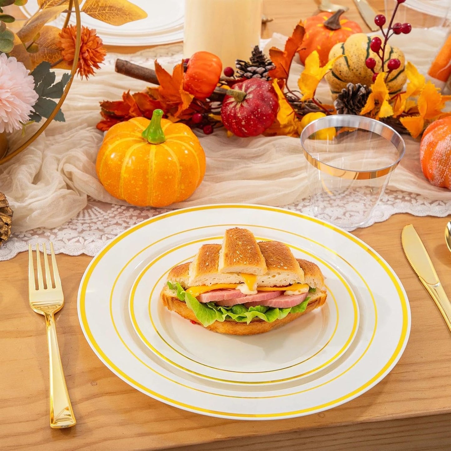 WELLIFE 210PCS Ivory Plastic Plates for 30 Guests - Include 30 Dinner Plates, 30 Dessert Plates, 30 Clear Cups and 30 Pre Rolled Napkins with Gold Silverware,Disposable Plates for Party and Wedding