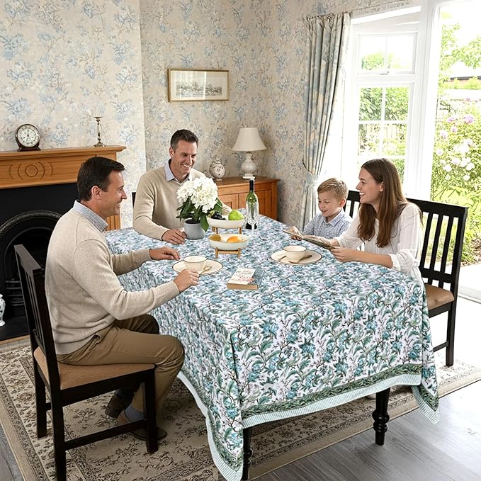 Ridhi Hand Block Print Sage Russian Green Rectangle Cotton Tablecloth 160" x 72" Reusable Table Cover Decorative Everyday Use for Dining, Farmhouse, Home Gift for Spring, Easter, Valentine