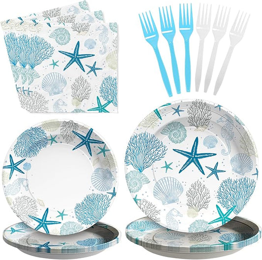 96Pcs Coastal Beach Party Decorations Blue Seashell Starfish Coral Plates and Napkins Sets Nautical Ocean Birthday Party Decorations for Summer Beach Baby Shower Wedding Party Supplies Serves 24