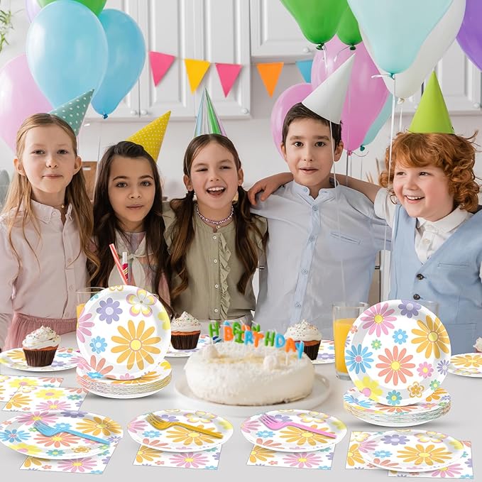 96PCS Boho Pastel Party Paper Plates and Napkins for Groovy Daisy Retro Boho Party Dessert Cake Plates Disposable Tableware Supplies for Baby Shower Birthday Wedding Seasonal Holiday Decorations