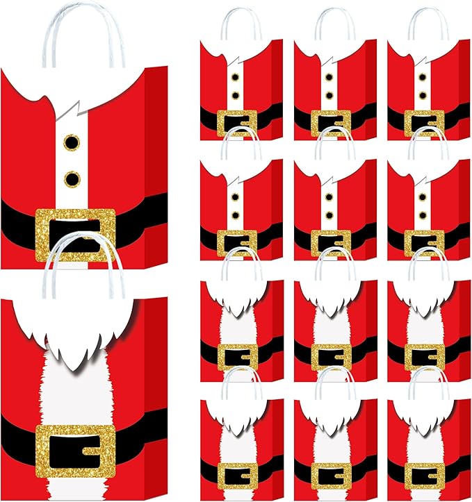 HongXingHai 24Pcs Fine Christmas Kraft Paper Gift Bags with Handles - Christmas Prints for Holiday Xmas Party Favors