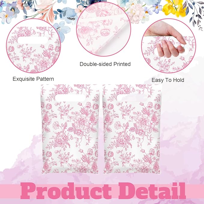 Supervitae 100 Pcs Plastic Pink Gift Bags Flower Party Favor Bags Bulk with Handles for Valentine Mother's Day Birthday Spring Wedding Bridal Baby Shower Snacks Goodies Candy Treat Tea Party Supplies