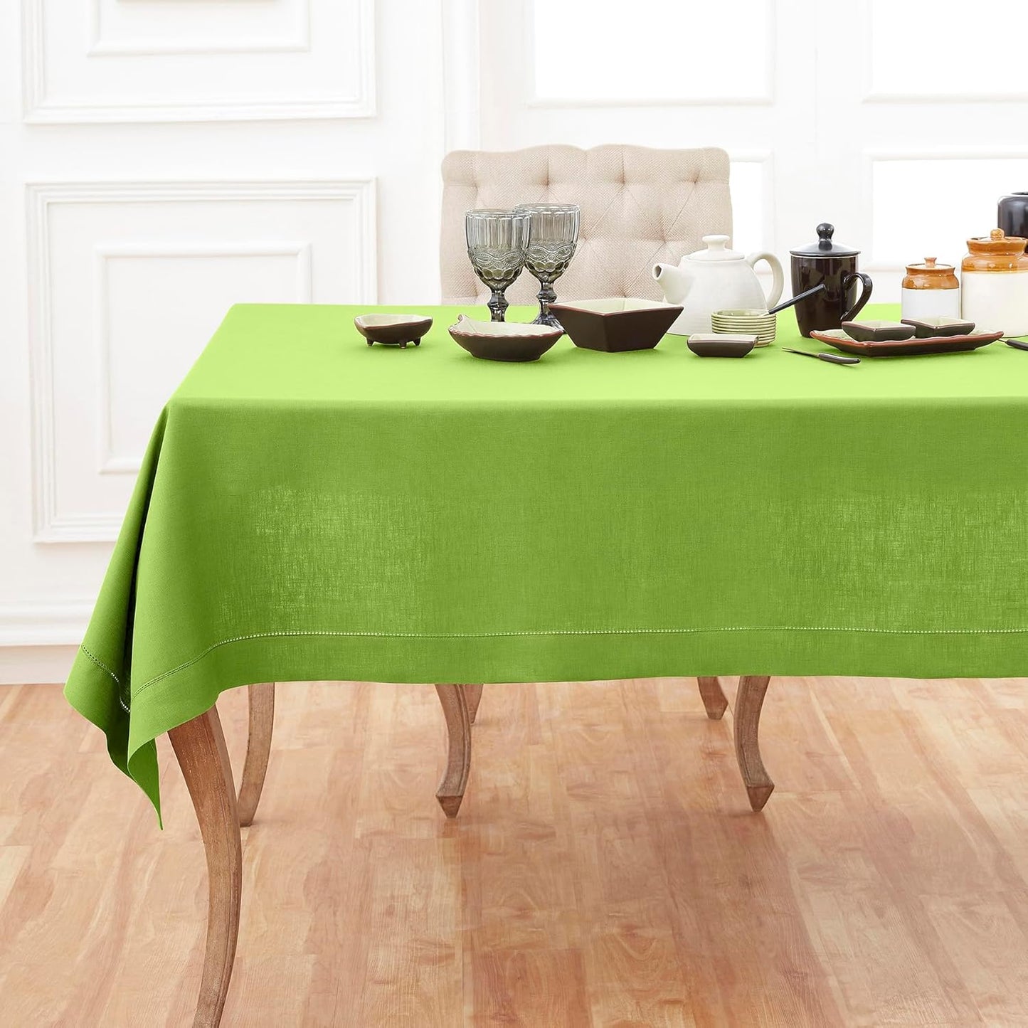 Solino Home Linen Tablecloth for Rectangle Tables 60 x 120 Inch - Classic Hemstitch 100% Pure Linen Lime Green Table Cloth - Machine Washable Cloth Tablecloth
