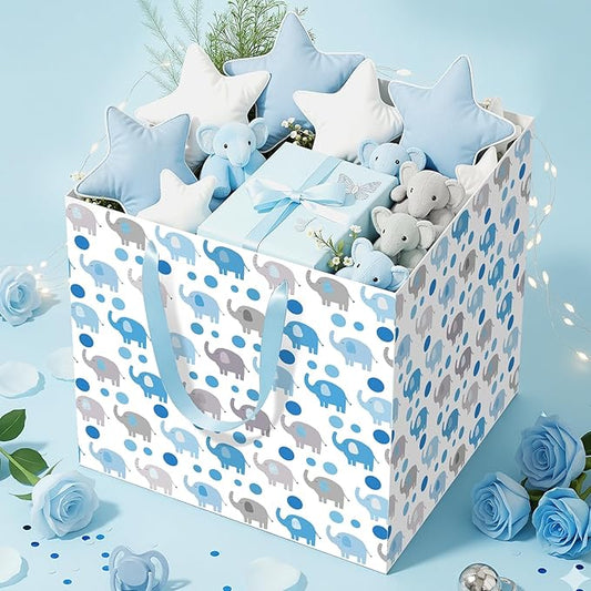 Woosytoo Extra Large Baby Boy Gift Bags - Blue Elephant Square Gift Bag with Wrapping Paper Jumbo Baby Shower Wrapping Paper Bag for Newborn Congratulations Gifts It's a Boy Party Favors Decor