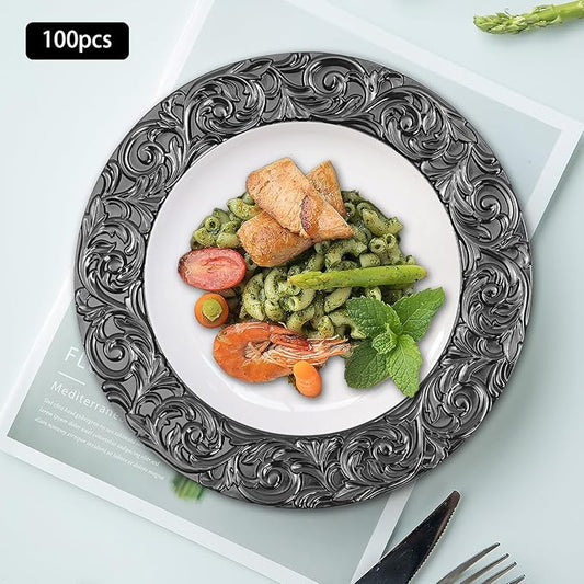 100 Pcs Black Round Charger Plates Bulk, 13 Inch Reusable Antique Charger Plates Set Plastic Embossed Dinner Plate for Table Setting Wedding Party Event Tabletop Setting Decor (Black)