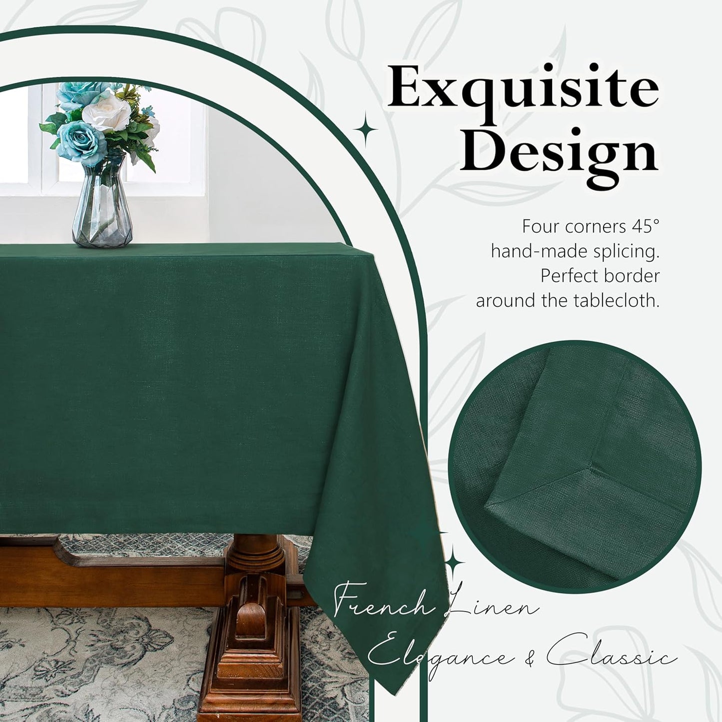 Linen World Linen Tablecloth,100% French Linen Green Tablecloth 90" x 60" Inch,Washable Rectangular Tablecloth for Dining,Outdoor,Weddings and Restaurants,Decorative Thanksgiving Christmas