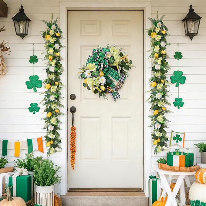TEMPUS 6Ft Spring Artificial Eucalyptus Garland with Tulip, Hydrangea & Shamrock - St. Patrick's Day and Spring Decor Greenery for Mantle Table Centerpiece Wedding Baby Shower Party