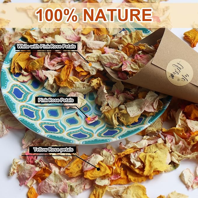 2.5 QT Dried Rose Flower Petals Biodegradable Confetti, 30 Cups Mix Real Natural White Pink Yellow Rose Petals for Wedding Proposal Party Valentine's Day Decor Flower Girls