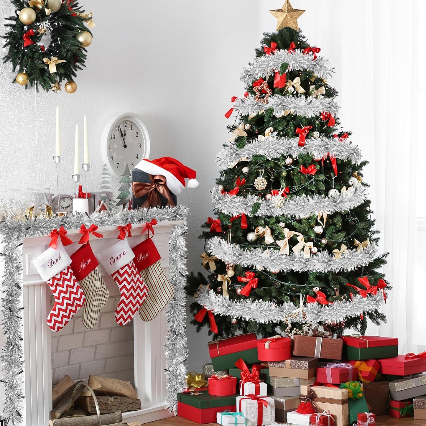 50FT Silver Christmas Tinsel Garland - Metallic Tinsel Garland for Christmas Tree Decoration, Xmas Tree Decor Home Indoor Outdoor Party Supplies