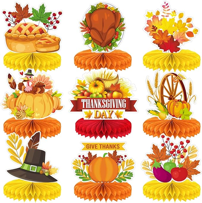Thanksgiving Table Decorations - 9Pcs Fall Honeycomb Centerpieces for Tables with Pumpkins, Sunflowers, Scarecrow, Squirrel for Thanksgiving Dinner, Autumn Harvest Festival, Rustic Fall Party Decor