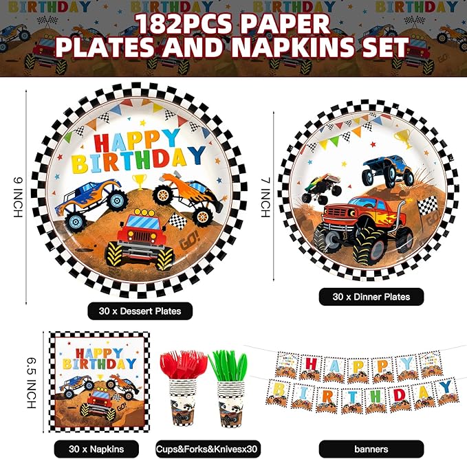 182pcs Monster Truck Party Supplies,Kids Birthday Plates and Napkins Set for Boys Birthday Party Decorations,Serves 30 Guests