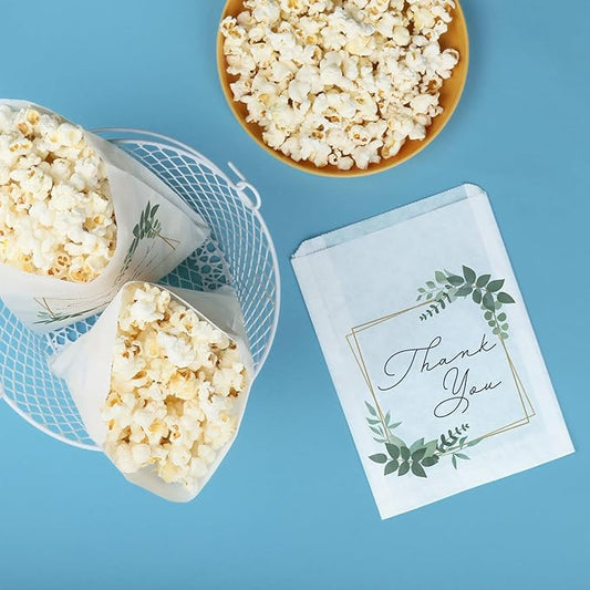 Boho Botanical Thank You Paper Treat Bags, Greenery Bridal Shower or Wedding Party Individual Candy Snack Favors, Greaseproof White Sandwich Cookie Bags - 25 Count