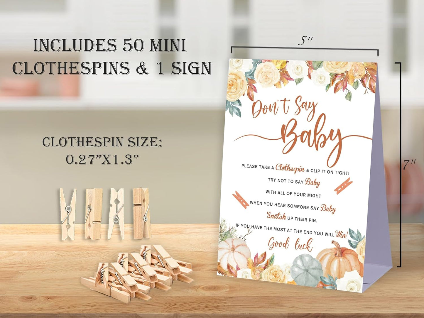 Don't Say Baby Baby Shower Game,Fall Pumpkin Rustic Baby Shower Decoration,Mini Clothespins for Baby Shower,Neutral Baby Shower Decoration,Little Cutie Baby Shower,1 Sign & 50 Mini Clothespins Set-B9