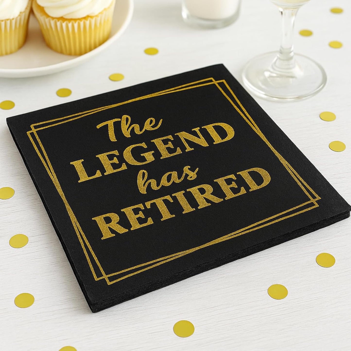 100‑Pack ‘The Legend Has Retired’ Black & Gold Napkins – 2‑Ply Cocktail, Lunch & Dinner Party Napkins – Elegant, Disposable Retirement Party Decoration – 6.5″ x 6.5″ Folded (Large, 100, Count)