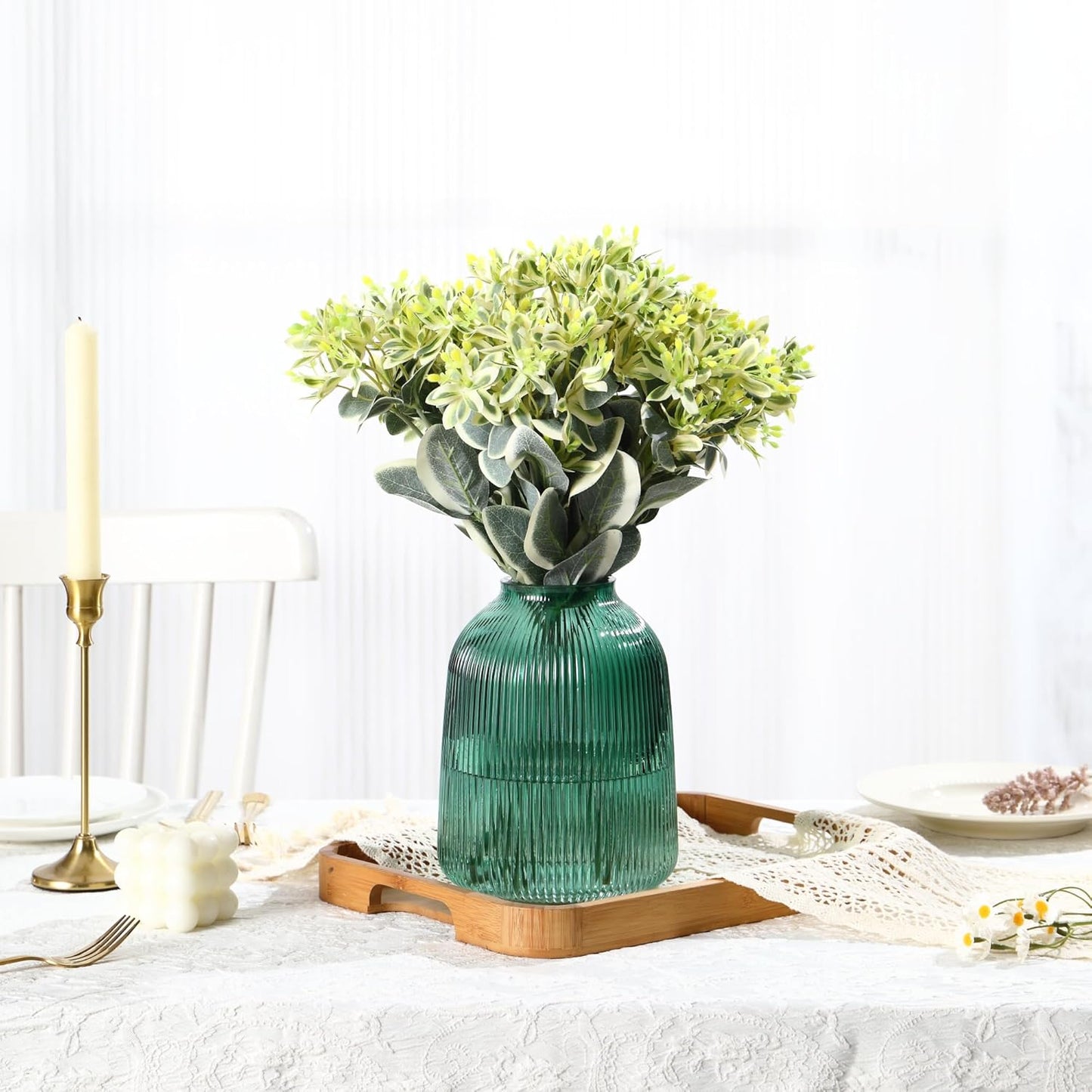 Green Glass Vase, Large Vase for Flowers, Flower Vases for Bouquet, Ribbed Glass Vases for Living Room, Bathroom, Dining Table, Office, Wedding, Centerpieces, 8 Inches