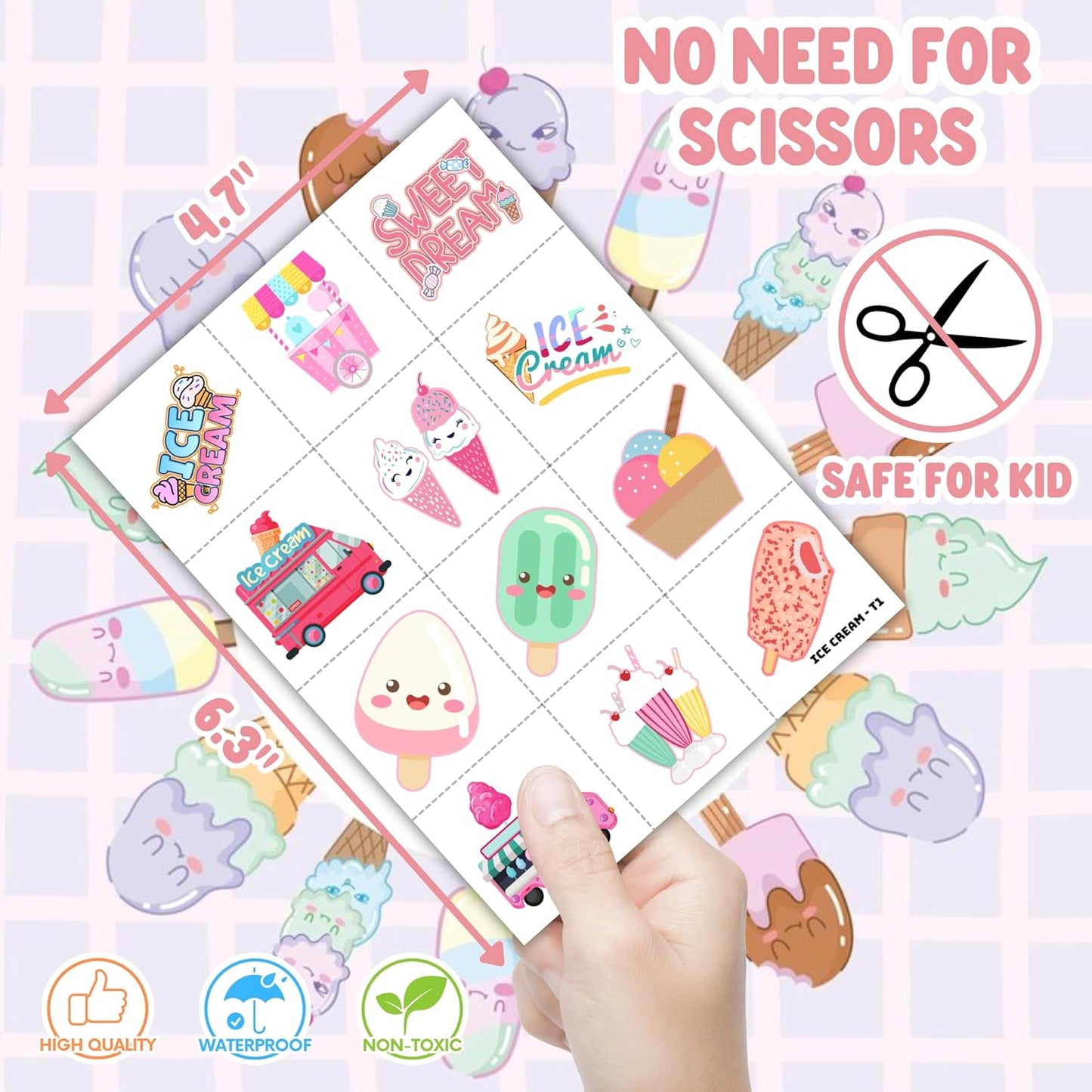 8 Sheets (96PCS) Ice Cream Temporary Tattoos Birthday Party Decorations Favors Tattoos Stickers Cute Party Supplies Kids Girls Boys Gifts Classroom School Prizes Themed