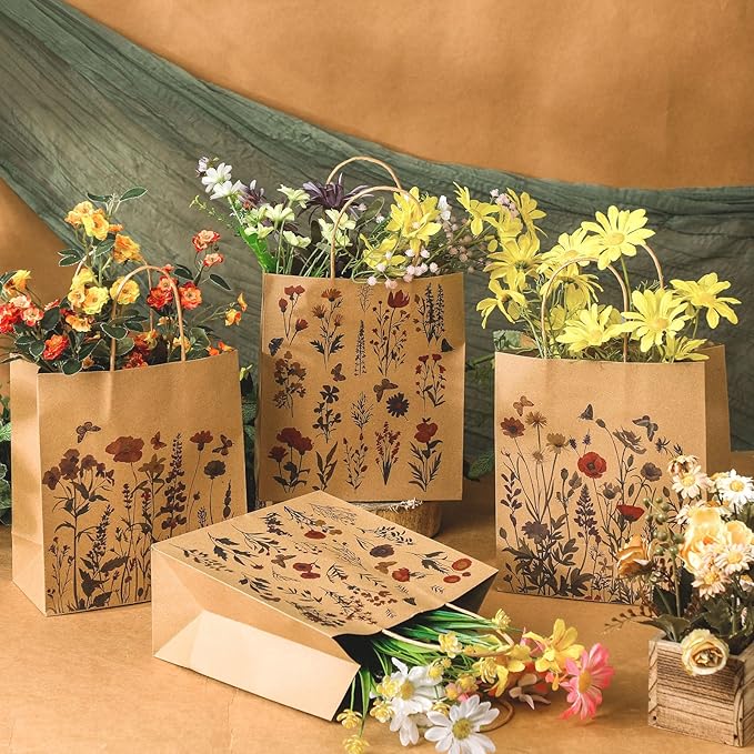 Kolldenn 24 Pcs Vintage Floral Wildflower Gift Bags Flower Kraft Paper Printed Candy Goodie Bags with Handles for Spring Party Supplies Wedding Baby Shower Birthday 8 x 3.9 x 9 in, 6 Styles