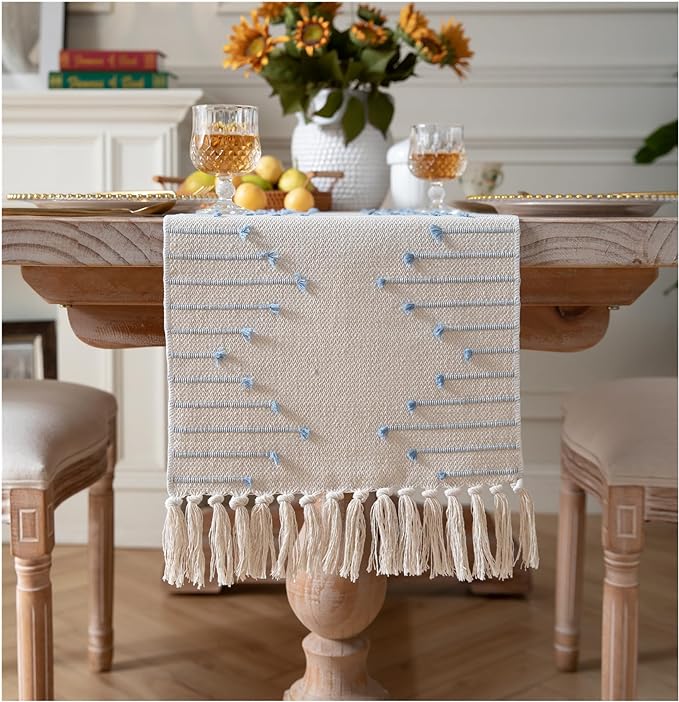 Boho Table Runner 13 x 60 Inch Long Natural Cotton Woven Runner with Tassels for Home Dining Table décor, for Modern Farmhouse Decor Coffee Table Runner, Light Blue and Beige