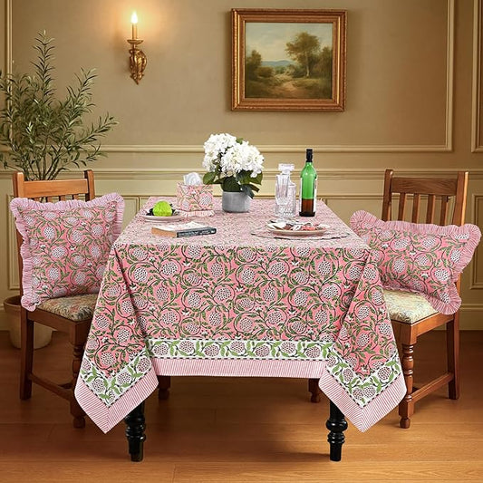 Ridhi Hand Block Print Strawberry Pink Rectangle Cotton Tablecloth 190" x 72" Reusable Table Cover Decorative Everyday Use for Dining, Farmhouse, Home Gift for Spring, Easter, Valentine