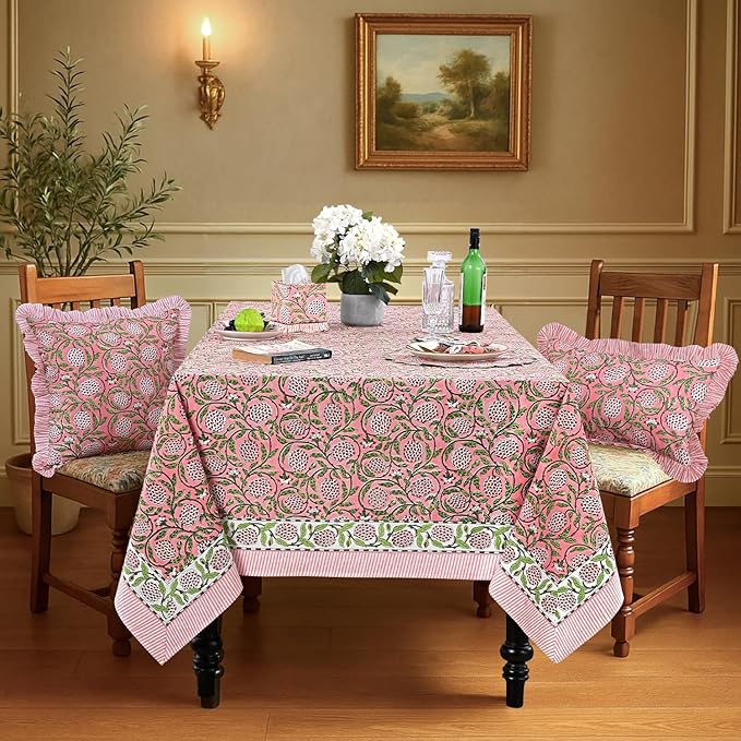 Ridhi Hand Block Print Strawberry Pink Square Cotton Tablecloth 60" x 60" Reusable Table Cover Decorative Everyday Use for Dining, Farmhouse, Home Gift for Spring, Easter, Valentine