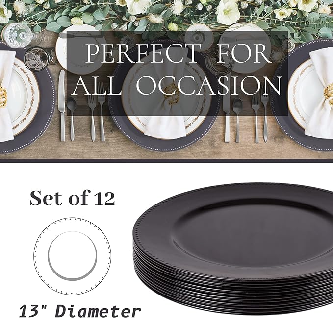 MAONAME Black Charger Plates, Round Dinner Charger with Beaded, 13 Inch Plastic Plate Chargers for Wedding, Table Decor, Set of 12
