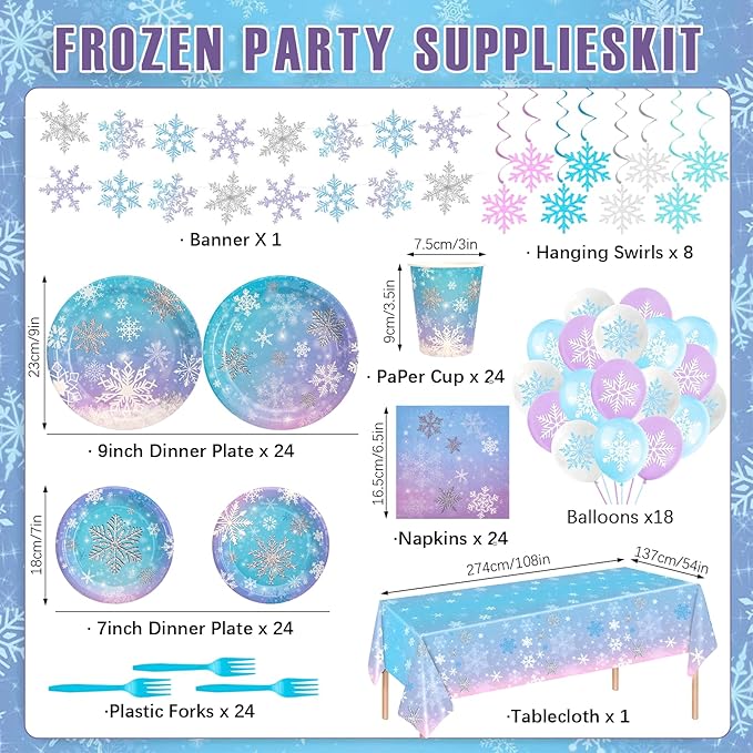 149Pcs Winter Snowflake Wonderland Paper Plates and Napkins Set,Frozen Birthday Party Decorations,for Christmas Winter Holiday New Year Party Supplies,Serves 24