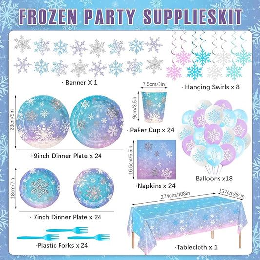 149Pcs Winter Snowflake Wonderland Paper Plates and Napkins Set,Frozen Birthday Party Decorations,for Christmas Winter Holiday New Year Party Supplies,Serves 24