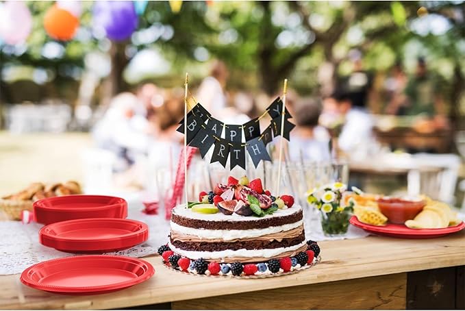 Exquisite Party Solids Red Plastic Plates For Party Supplies, Red Disposable Plates 100 Pcs - 50-7" & 50-9" Heavy Duty 350 GSM Disposable Dinnerware Sets, Plastic Dinnerware Sets