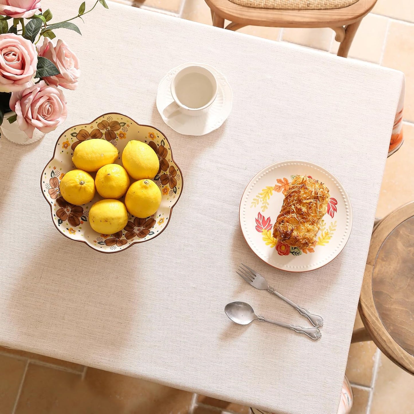 Linen Extra Long Rectangle Tablecloth,French Vintage Pink Floral Pattern Wrinkle Free Table Cloth,Decor Table Cover for Kitchen,Dining,Party,Thanksgiving,Christmas,67"*118"-Sloosa